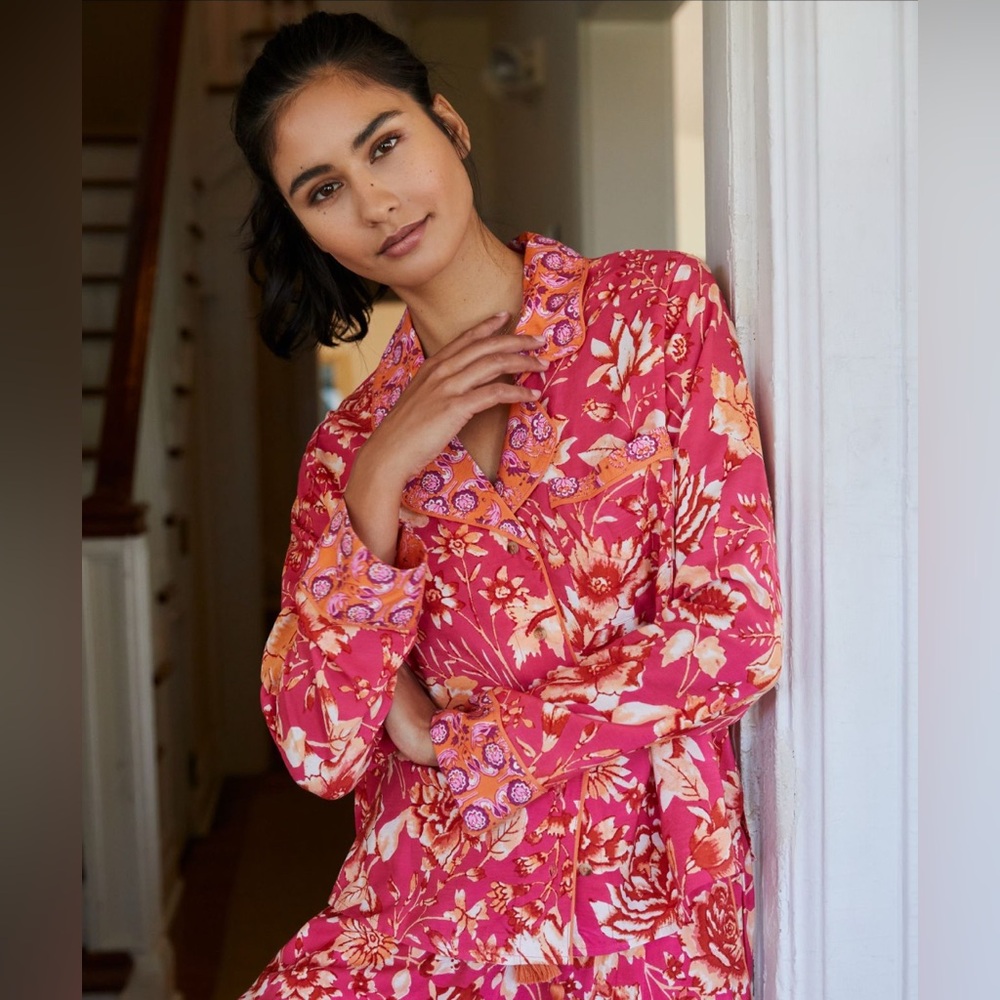 ANTHROPOLOGIE Kari Long-Sleeve Pajama Top Pink Floral‎ MP
